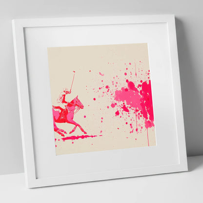 Magenta Polo Strike polo horse art print in white frame