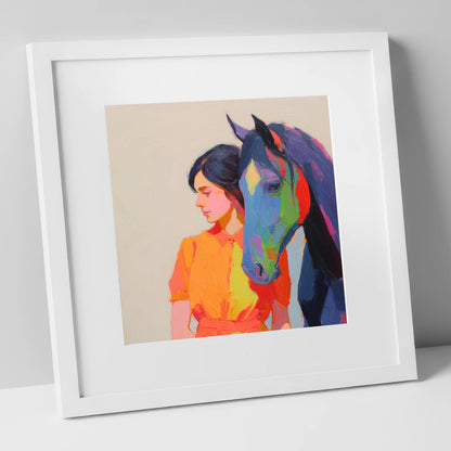 Vivid Companion horse & rider art print in white frame