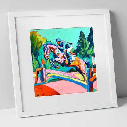 Technicolour Flight show jumping horse art print in white frame
