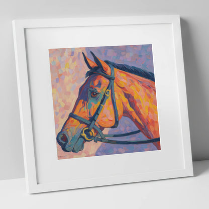 Vivid Equine Gaze racing horse art print in white frame