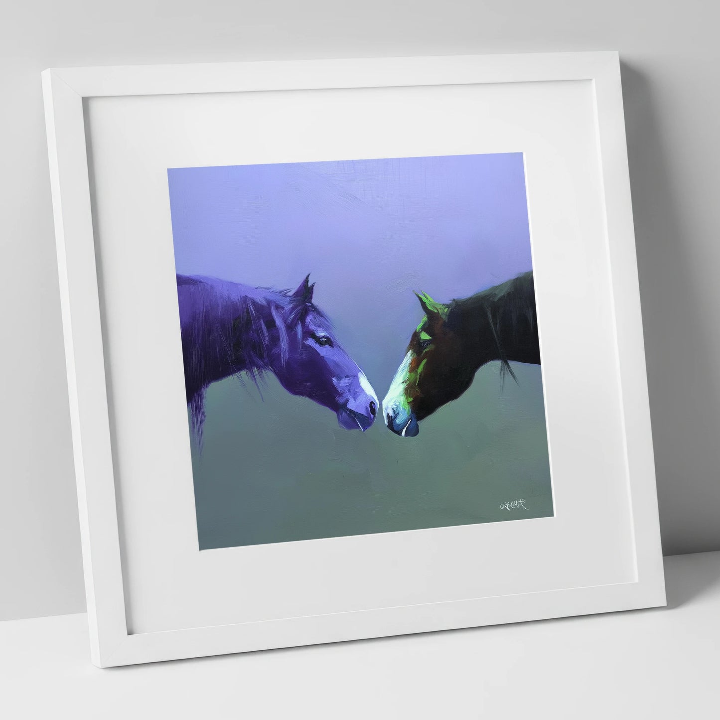 The Quiet Connection horse portrait art print in white frame