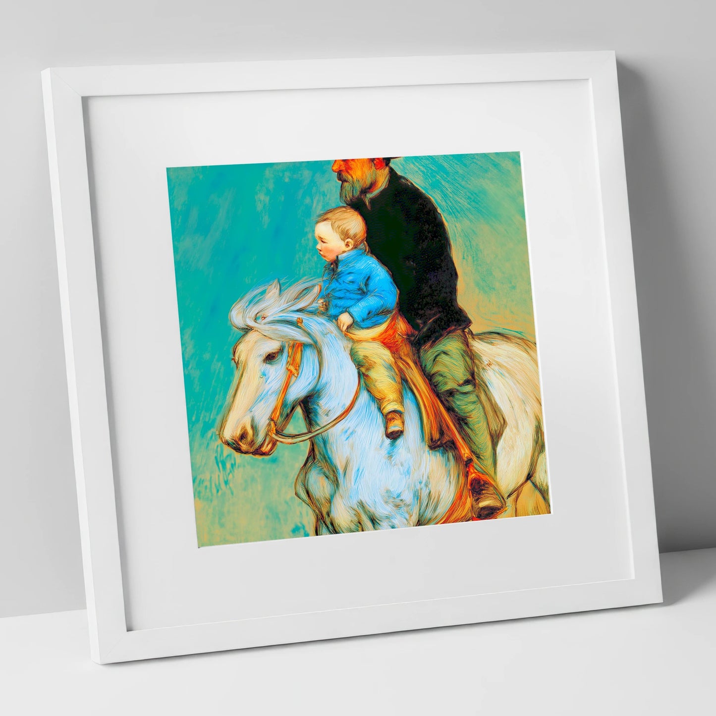 The Guiding Hand horse & rider art print in white frame