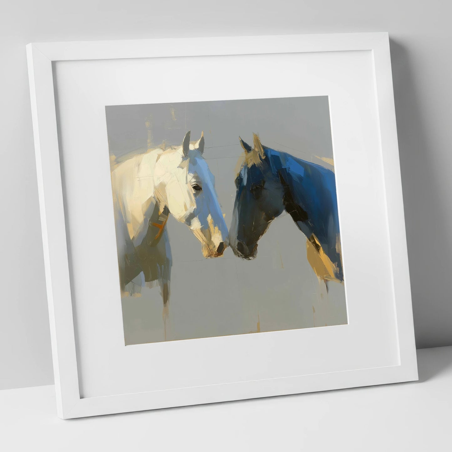 Quiet Encounter horse portrait art print in white frame