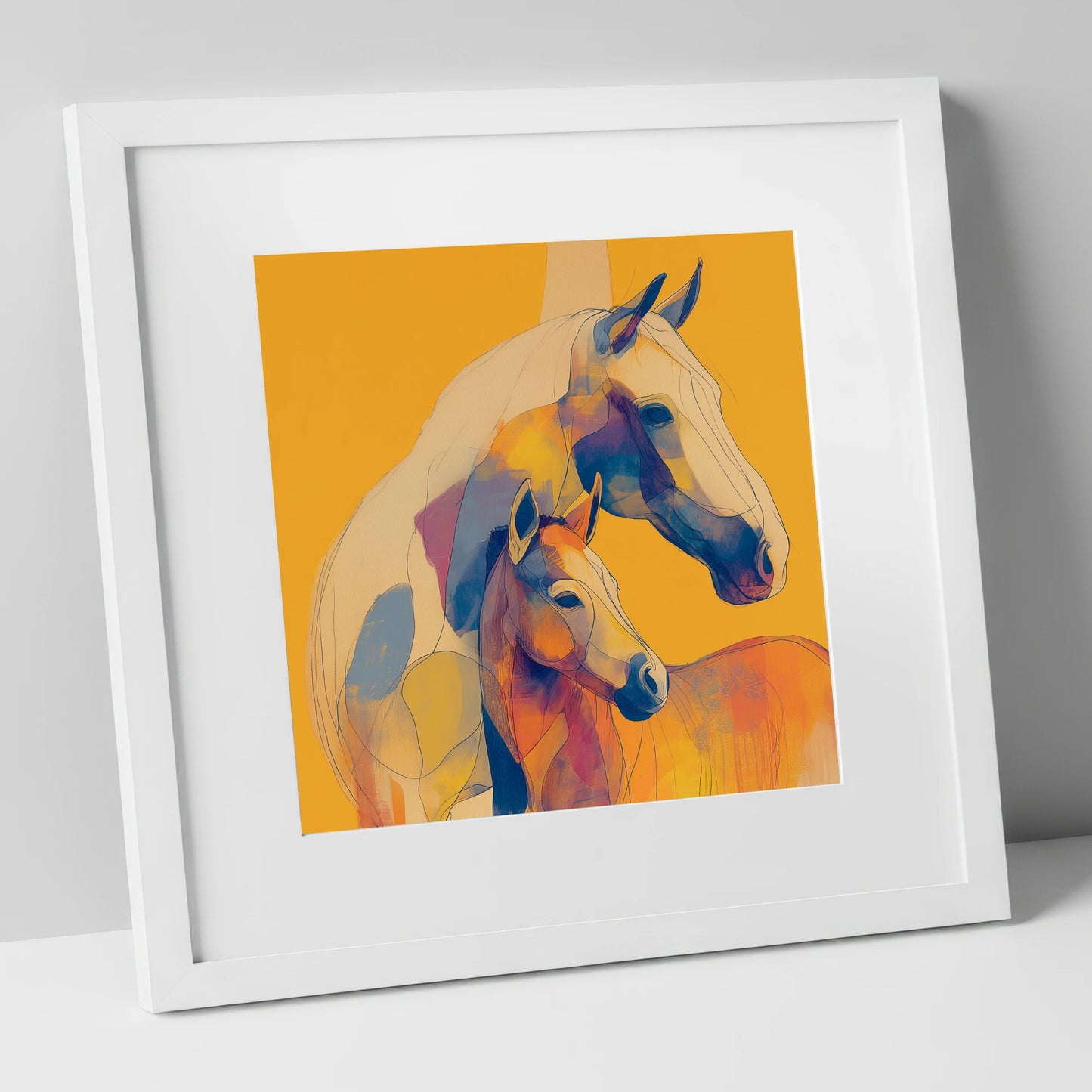 Golden Equine Bond mare & foal art print in white frame