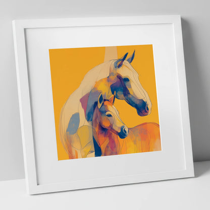 Golden Equine Bond mare & foal art print in white frame