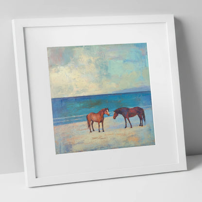 Shoreline Companions horse landscape art print in white frame