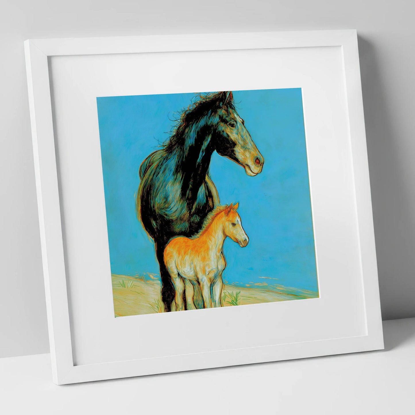 Cerulean Bond mare & foal art print in white frame