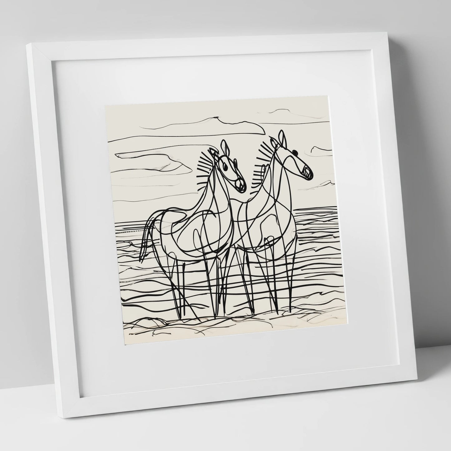 Linear Equine Companions horse landscape art print in white frame
