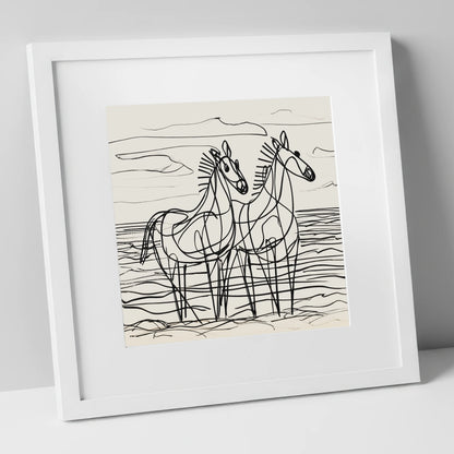 Linear Equine Companions horse landscape art print in white frame