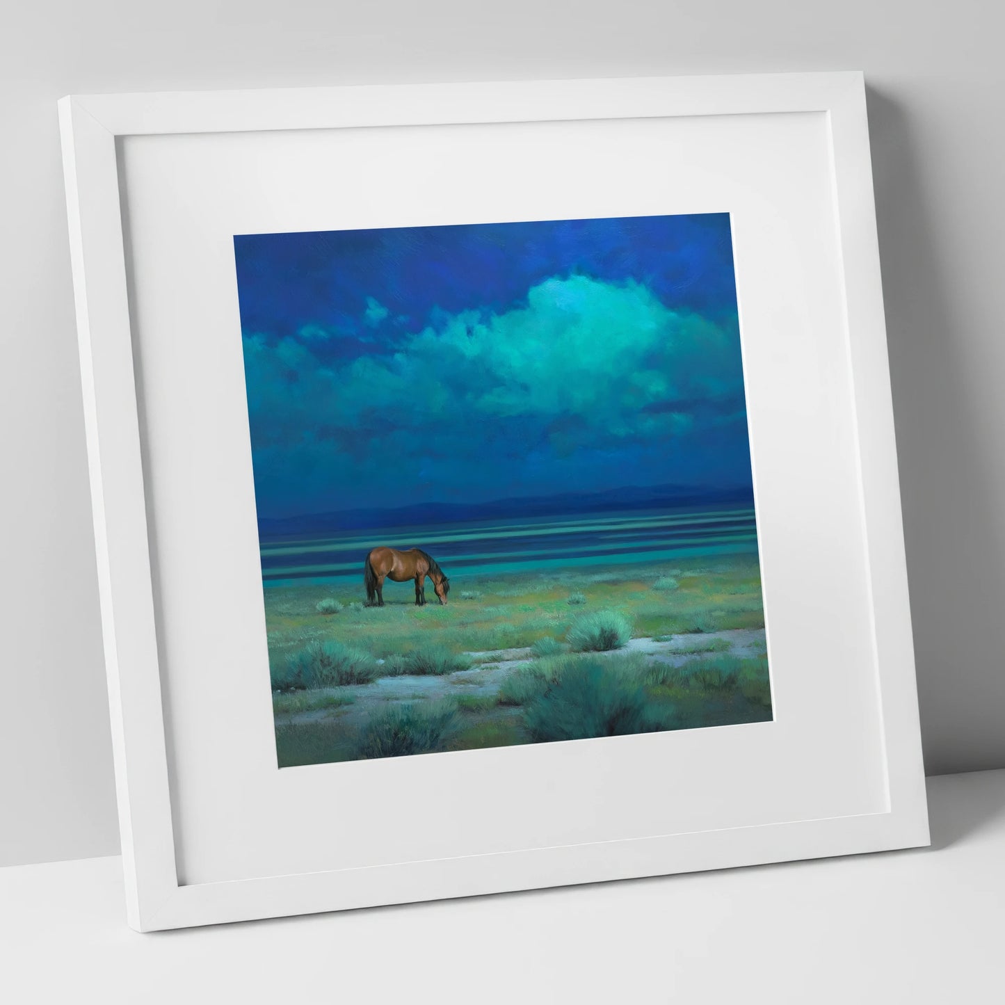 Midnight Solitude horse landscape art print in white frame
