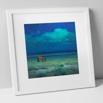 Midnight Solitude horse landscape art print in white frame