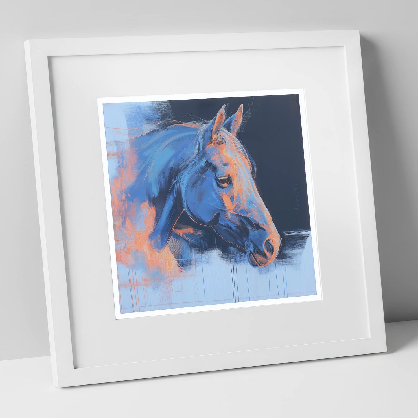 Expressive Cobalt Profile horse portrait art print in white frame