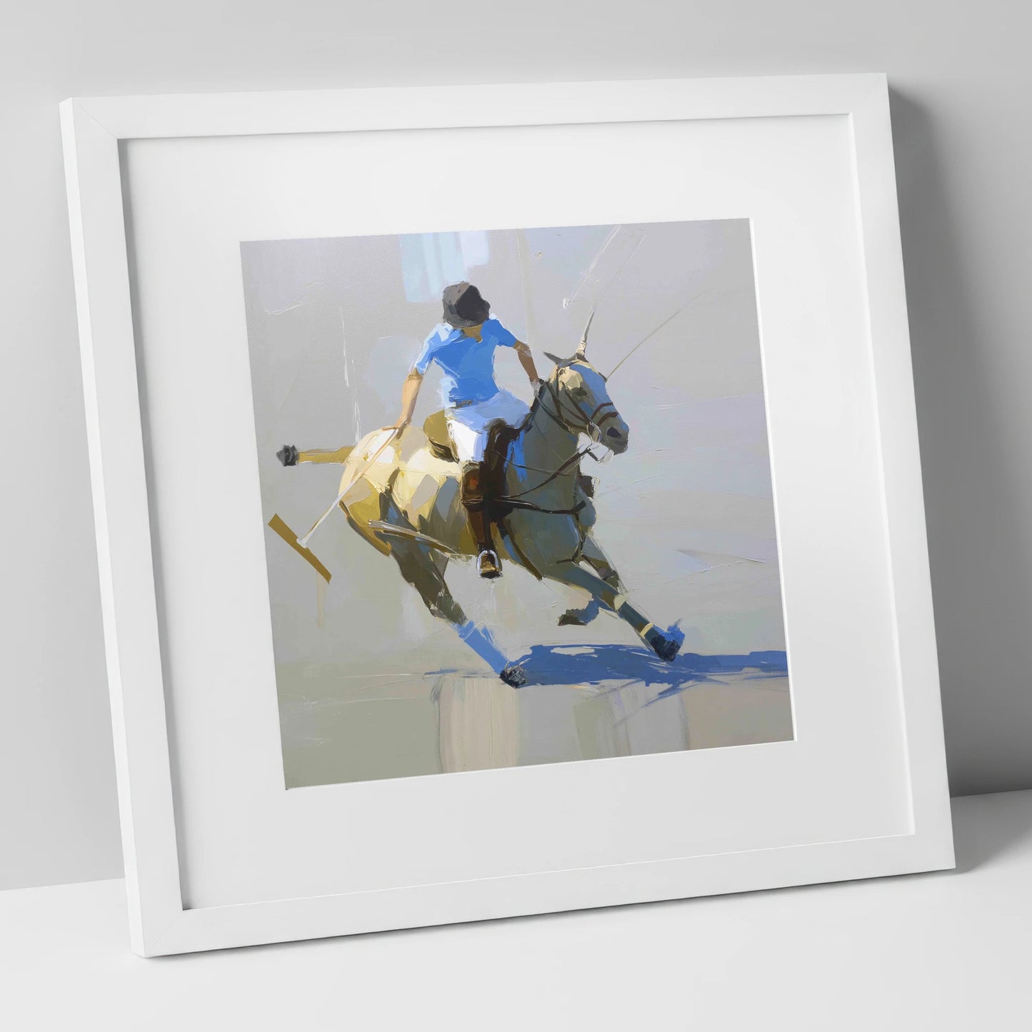 High Goal Pursuit polo horse art print in white frame