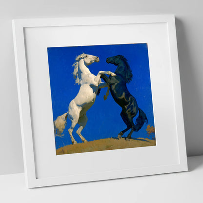 Cobalt Sky Stallions wild horses art print in white frame