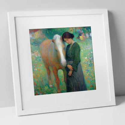Meadow's Embrace horse & rider art print in white frame