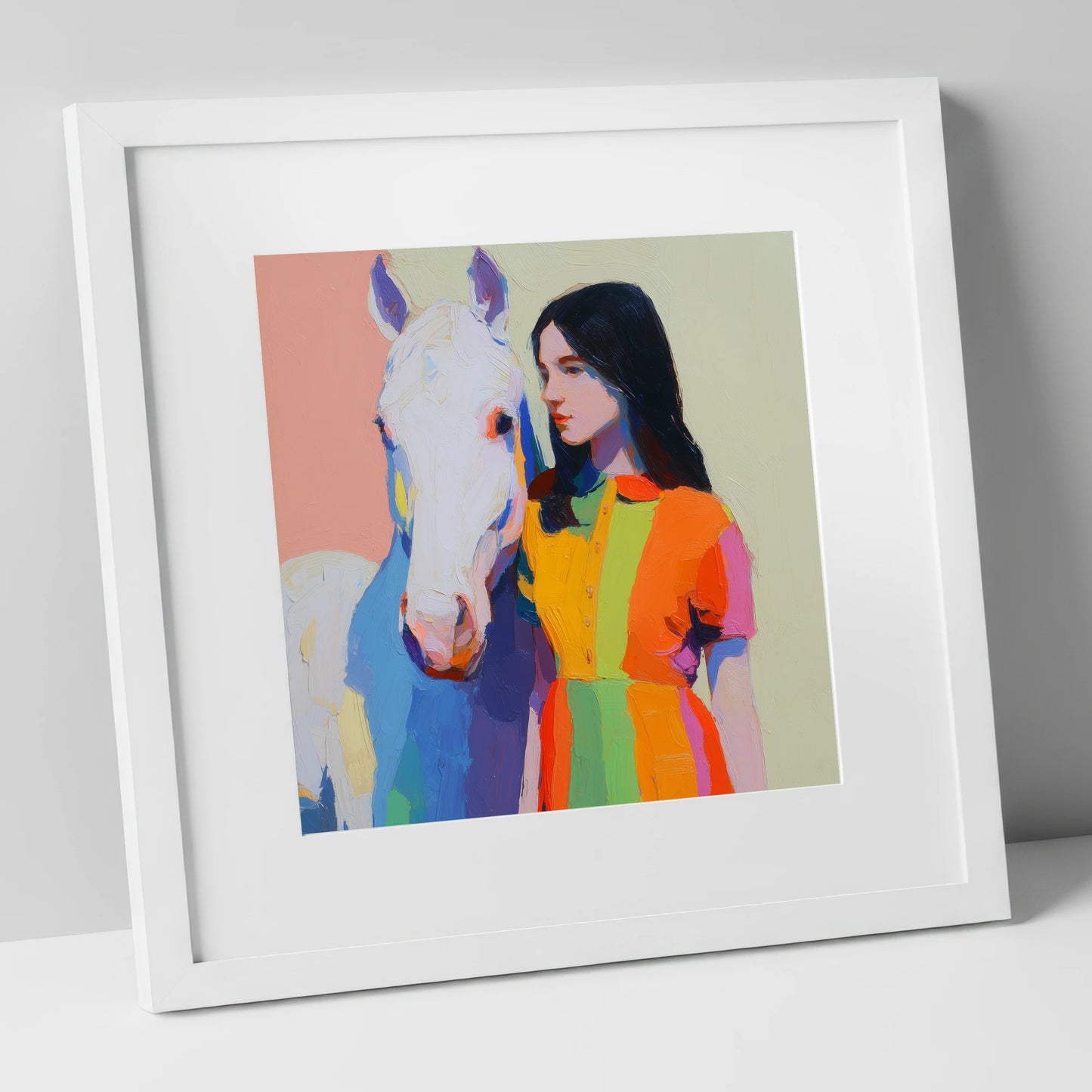 Vibrant Harmony horse & rider art print in white frame