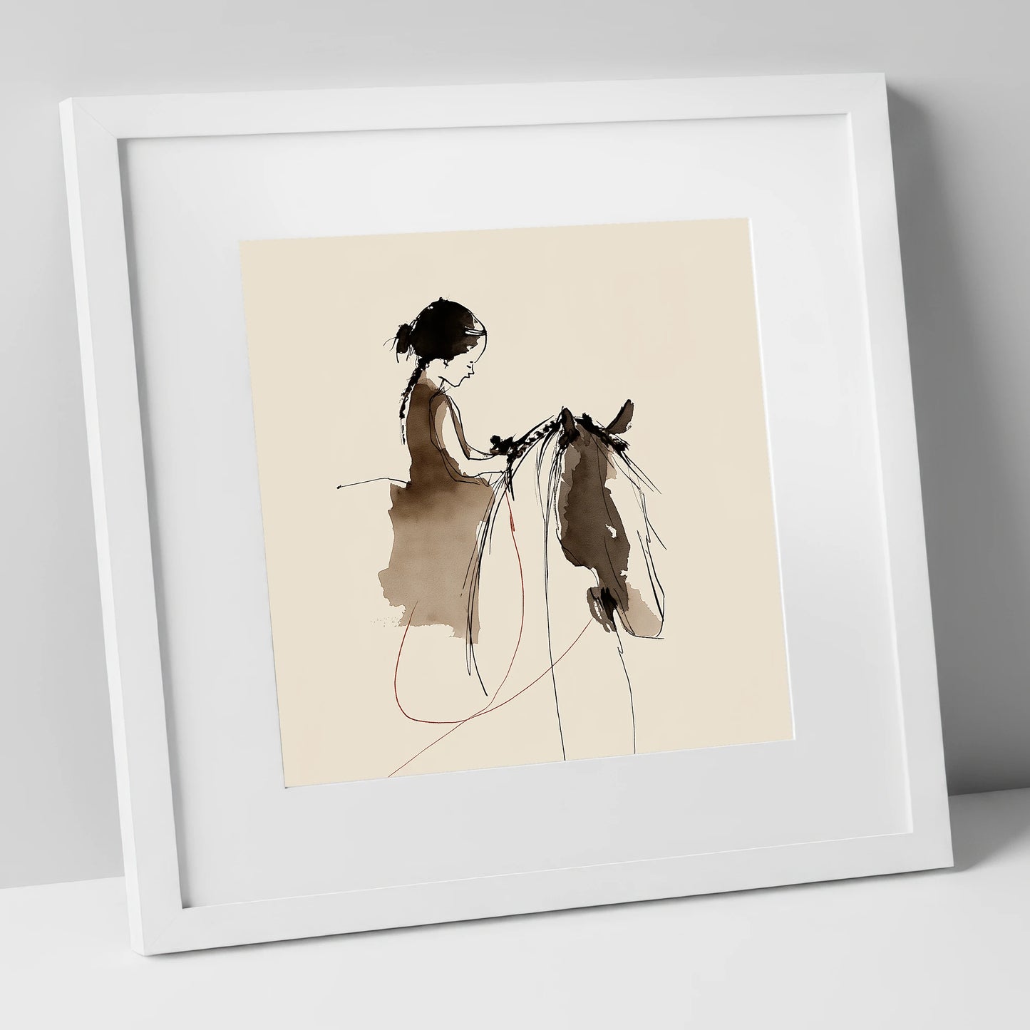 Silent Understanding horse & rider art print in white frame