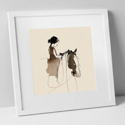 Silent Understanding horse & rider art print in white frame