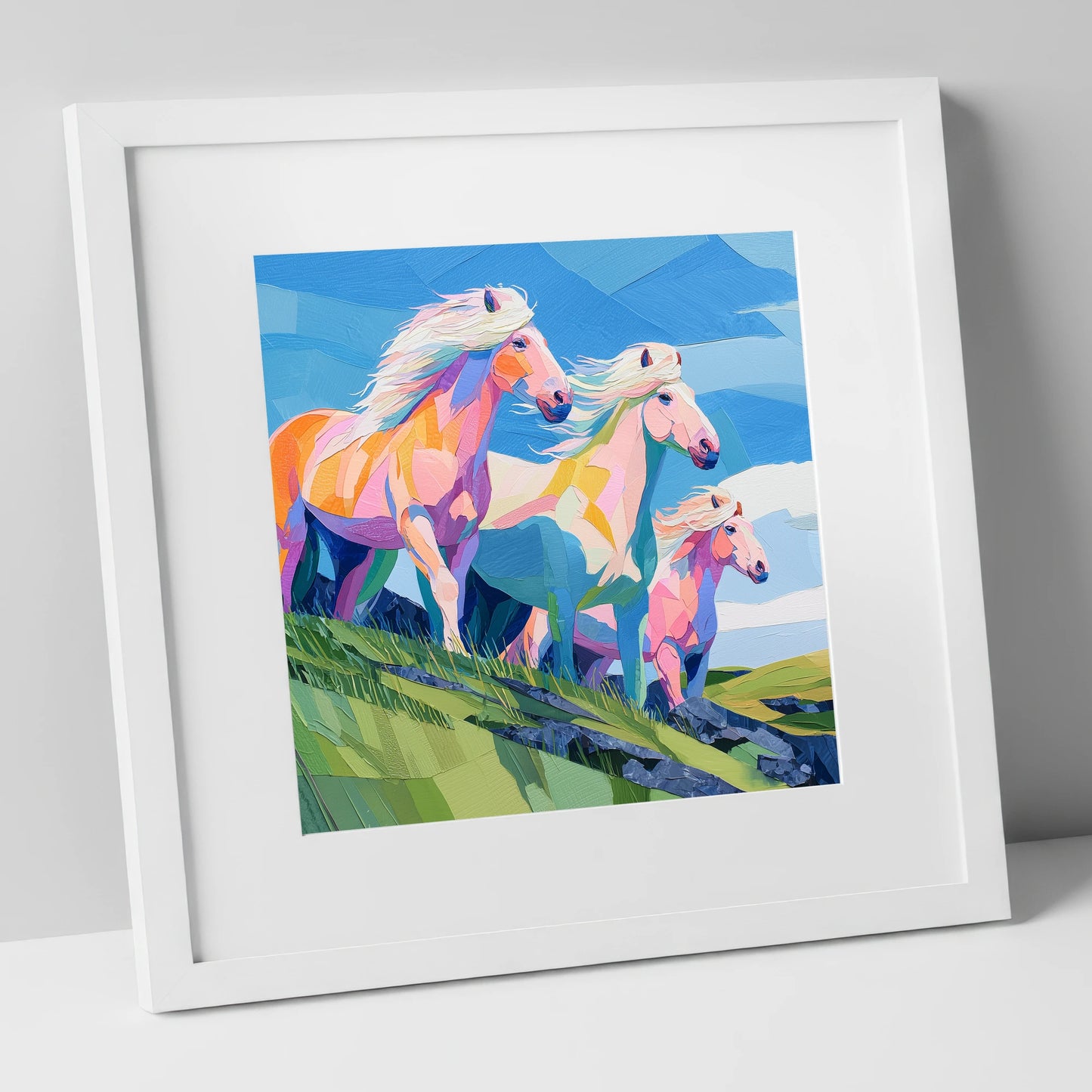 Radiant Hillside Herd horse landscape art print in white frame