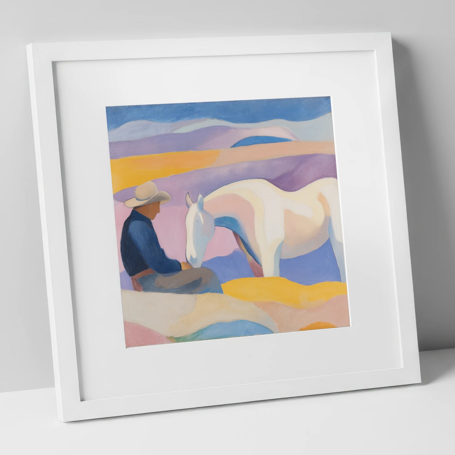 The Quiet Companion horse & rider art print in white frame