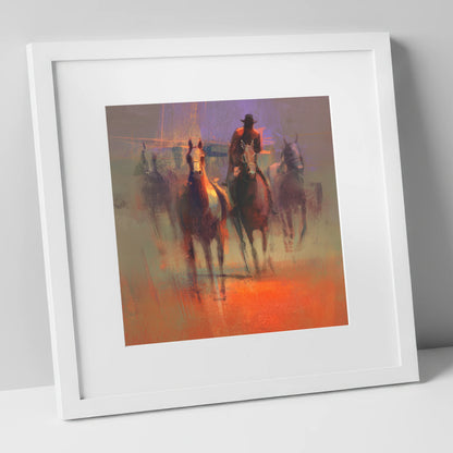 Through the Morning Dust racing horse art print in white frame