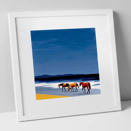 Azure Shoreline Trio horse landscape art print in white frame