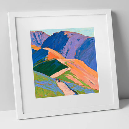 Vibrant Mountain Trail horse landscape art print in white frame