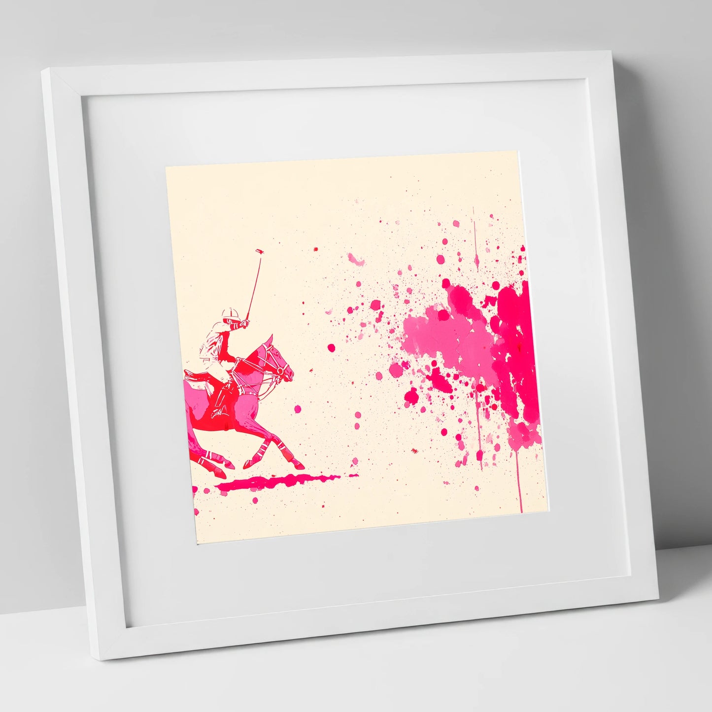 Magenta Polo Strike polo horse art print in white frame
