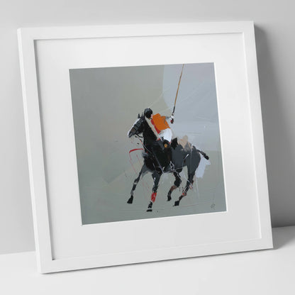 Dynamic Polo Strike polo horse art print in white frame