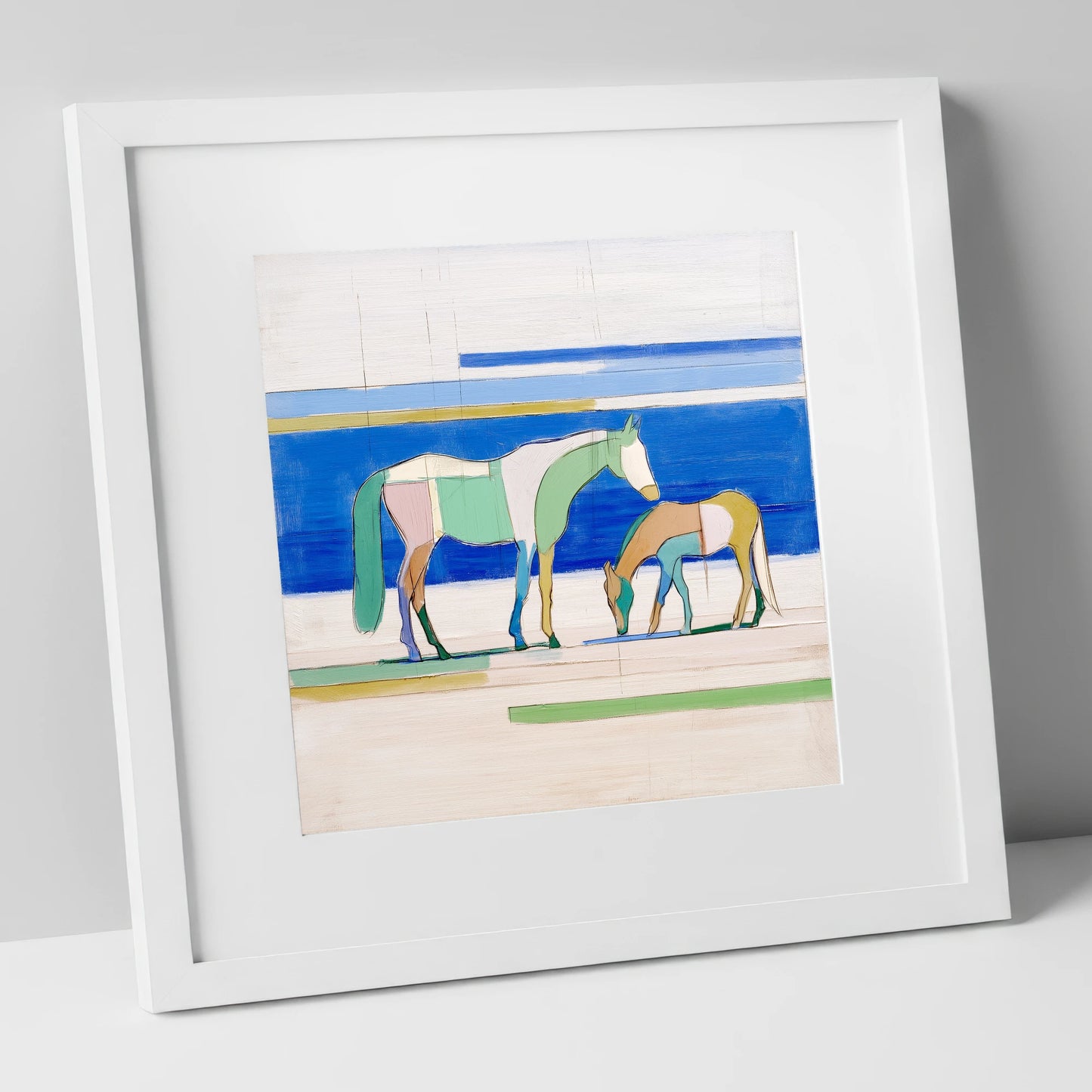 Azure Equine Geometry horse landscape art print in white frame