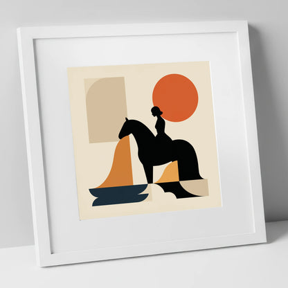 Abstract Equestrian Silhouette horse & rider art print in white frame