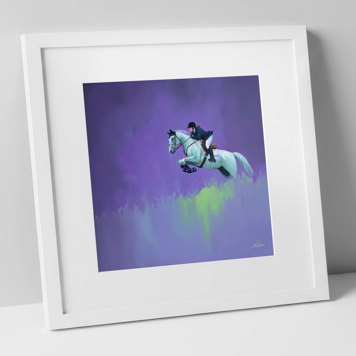 Violet Suspension show jumping horse art print in white frame