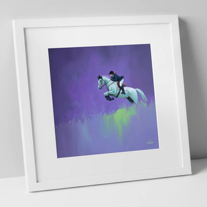Violet Suspension show jumping horse art print in white frame