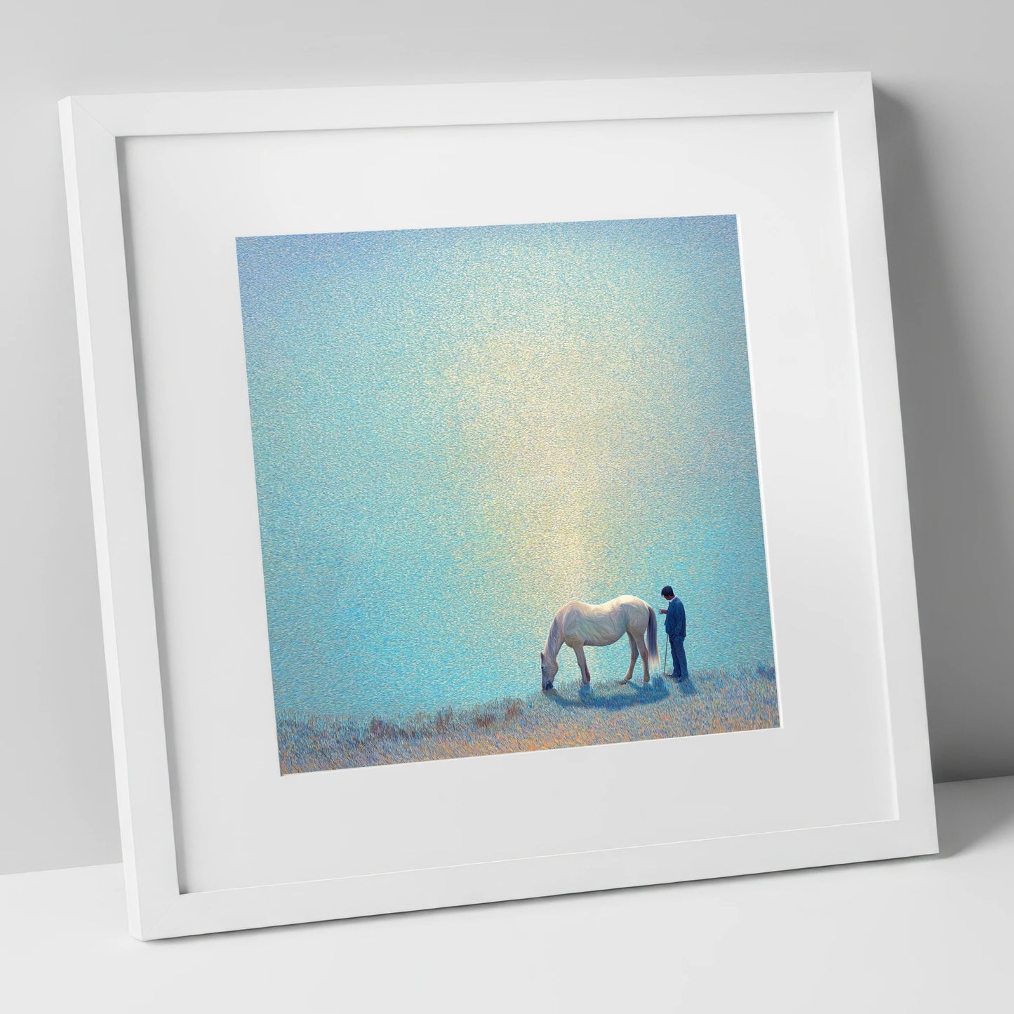 Beside Still Waters horse & rider art print in white frame