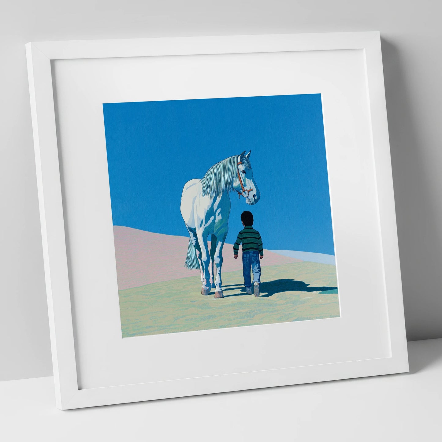 The Quiet Companion horse & rider art print in white frame