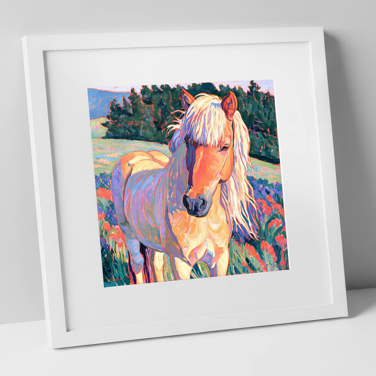 Vibrant Palomino Pony In Meadow horse breed art print in white frame