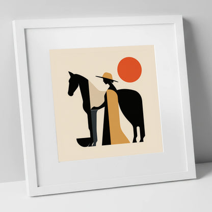 Sunlit Equine Silhouette horse & rider art print in white frame