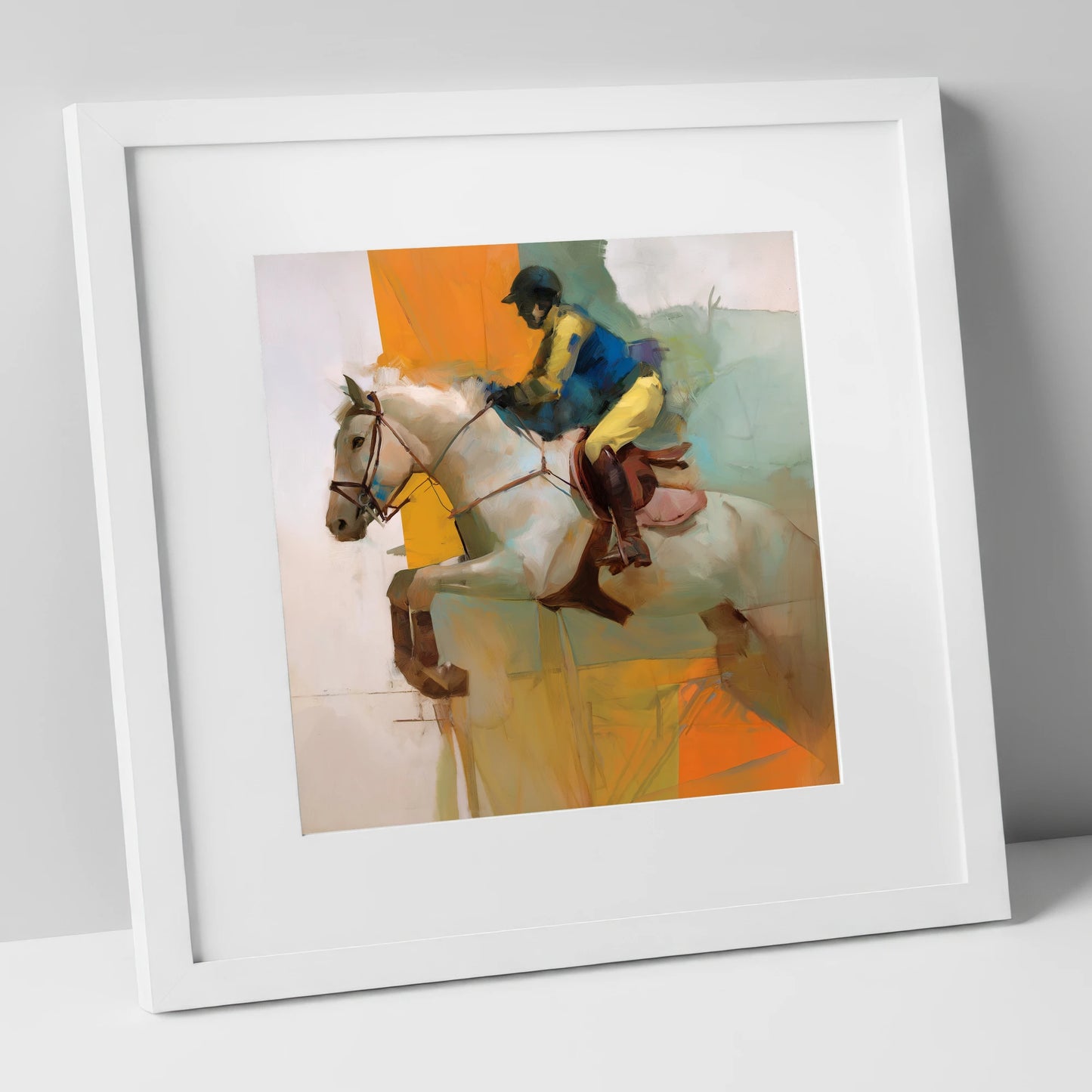 Flight in Vibrant Colour show jumping horse art print in white frame