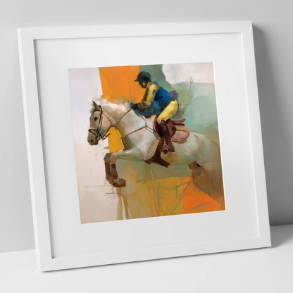 Flight in Vibrant Colour show jumping horse art print in white frame