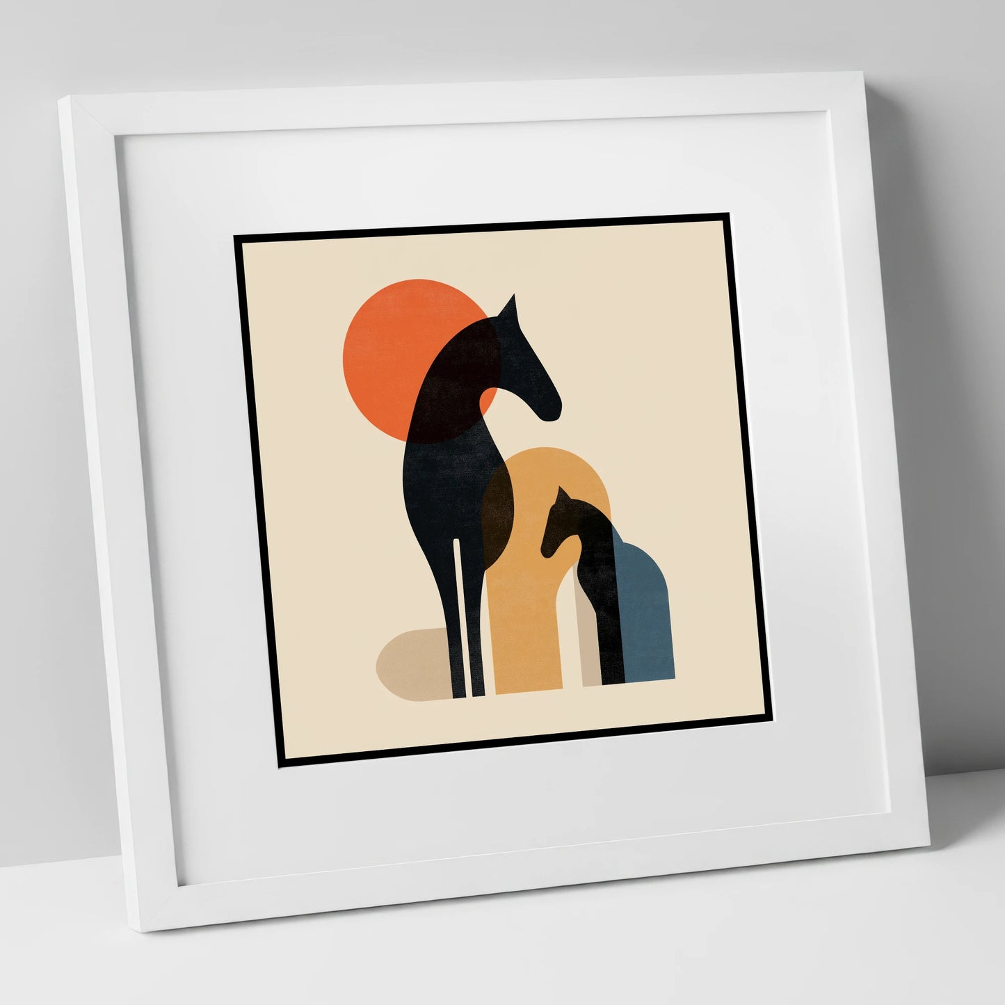 Geometric Equine Harmony horse & rider art print in white frame