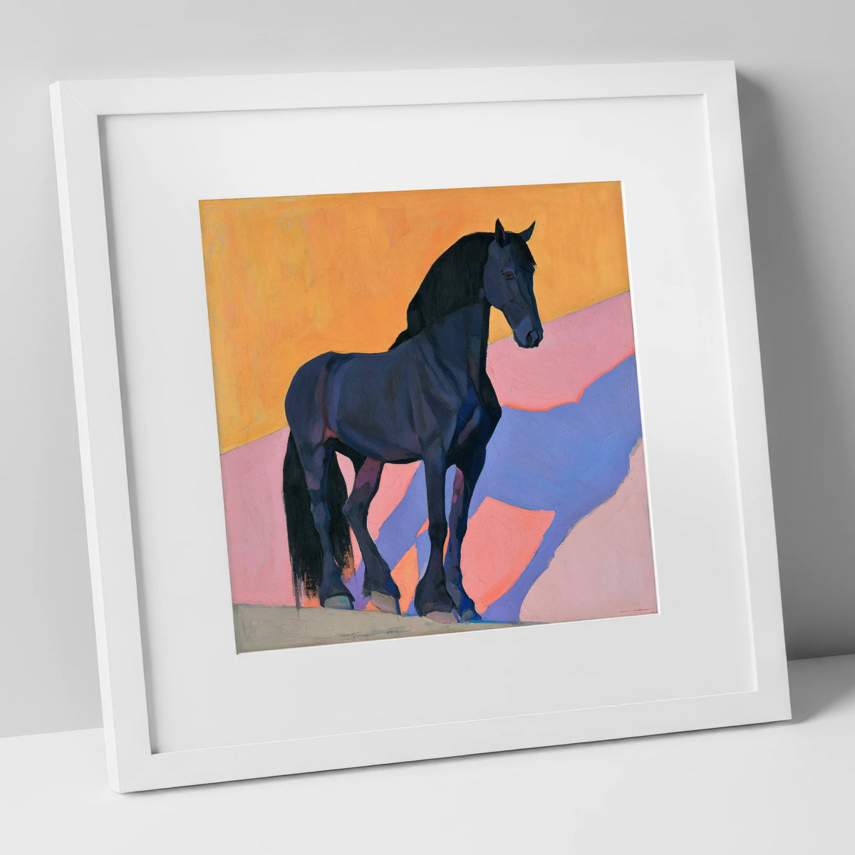 Black Friesian On Vibrant Orange horse breed art print in white frame