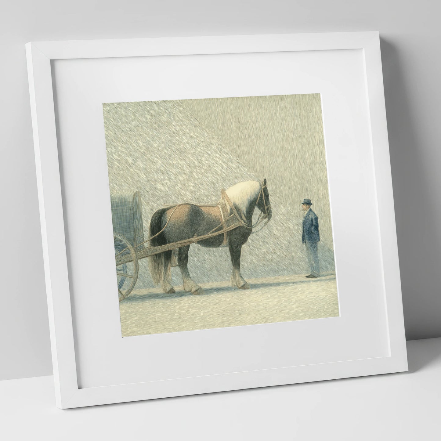 A Shared Resolve working horse art print in white frame