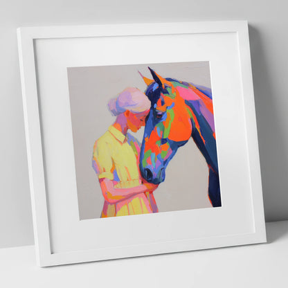 Radiant Connection horse & rider art print in white frame