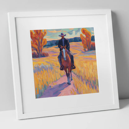 Vibrant Western Trail western horse art print in white frame