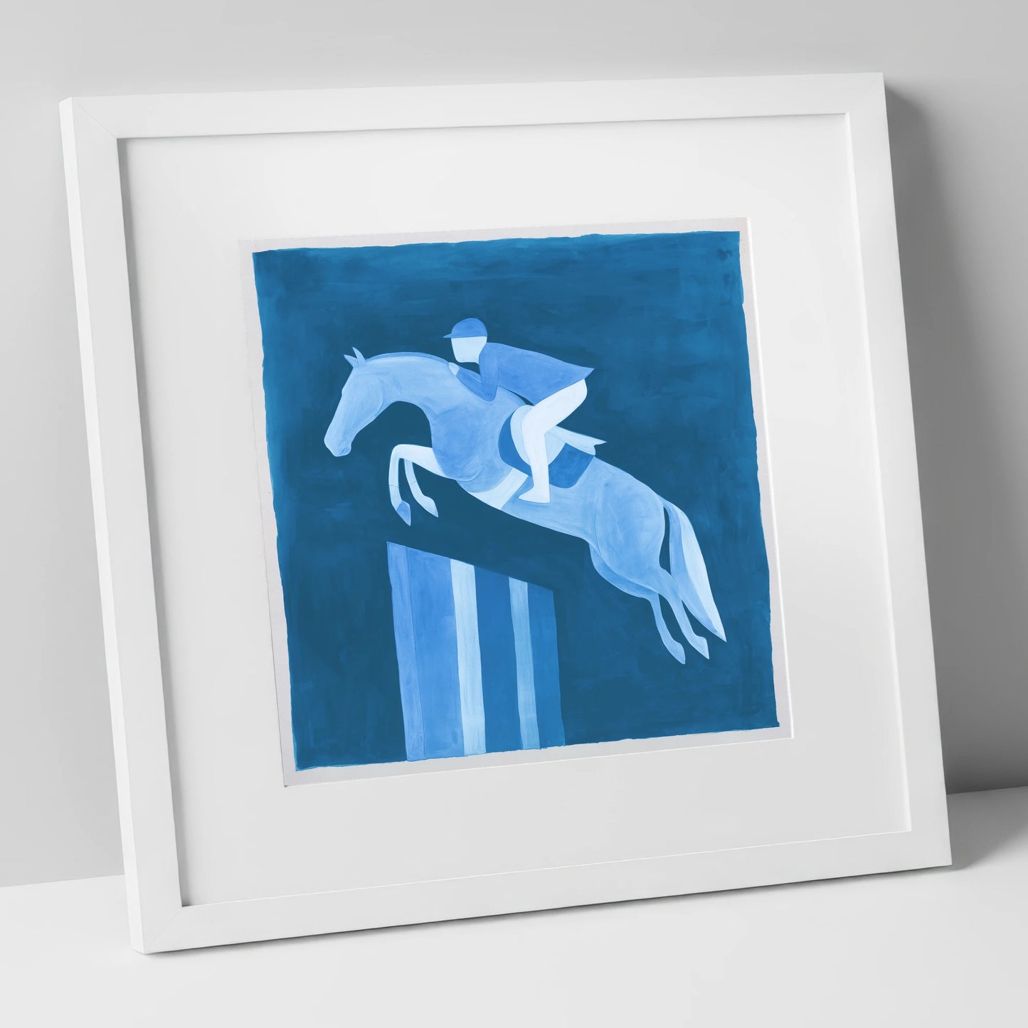Azure Ascent show jumping horse art print in white frame