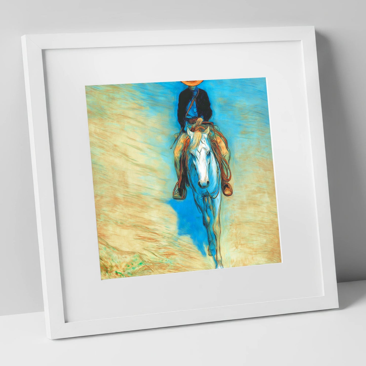 The Blue Trail Rider western horse art print in white frame