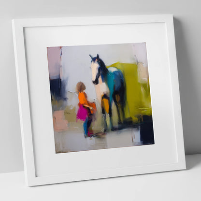A Bold Understanding horse & rider art print in white frame