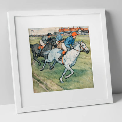 The Final Furlong racing horse art print in white frame