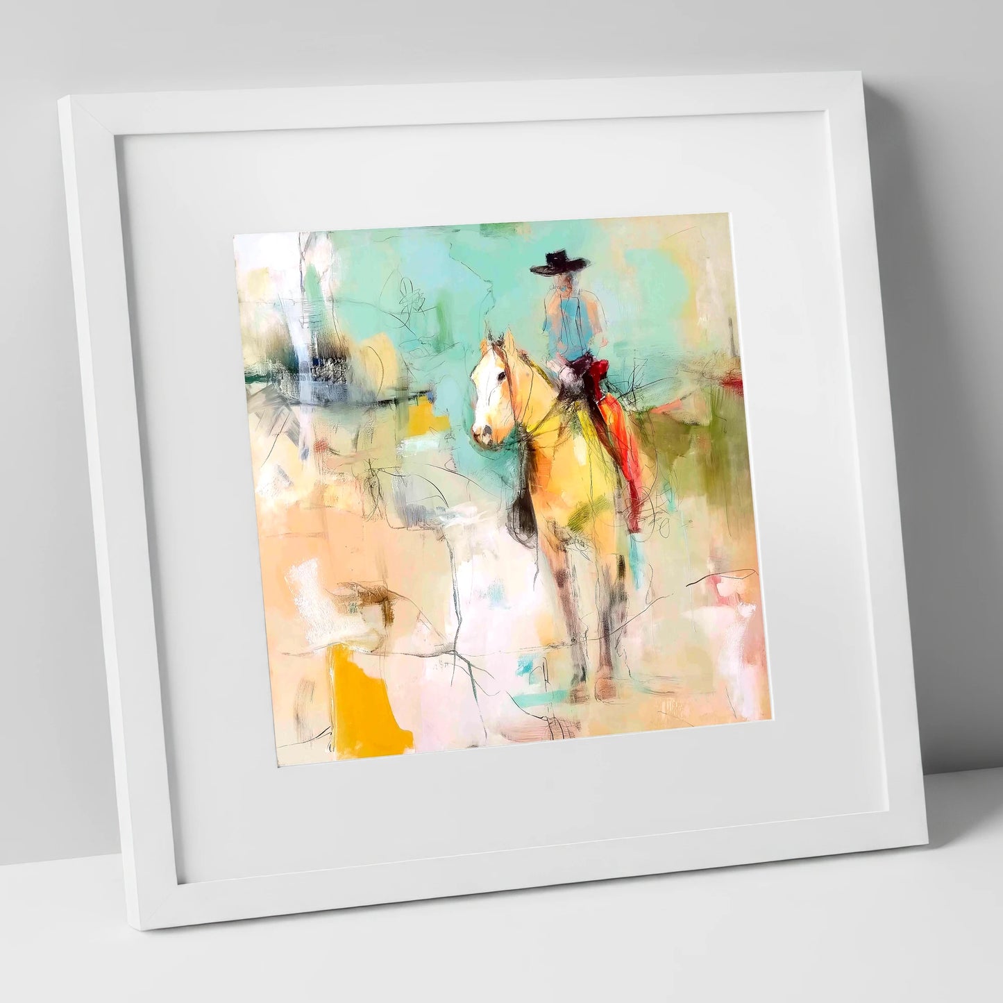 Painted Western Silhouette western horse art print in white frame