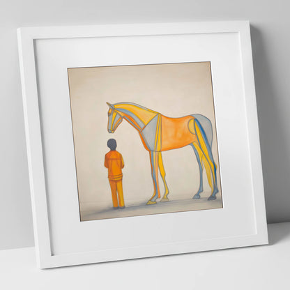 Structural Harmony horse & rider art print in white frame